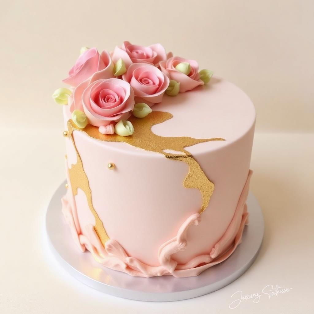 Bespoke pastel cake with gold detail and sugar roses