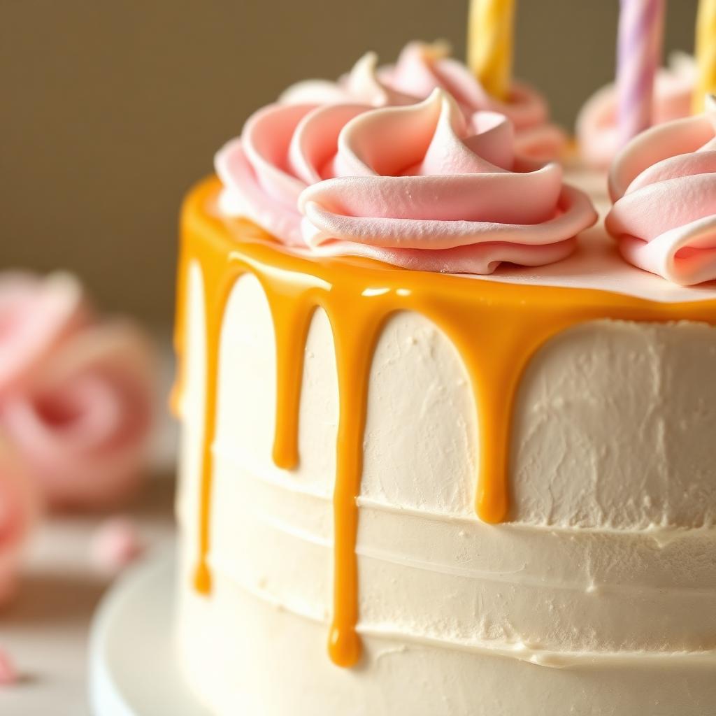 Custom birthday cake with pastel buttercream and caramel drip
