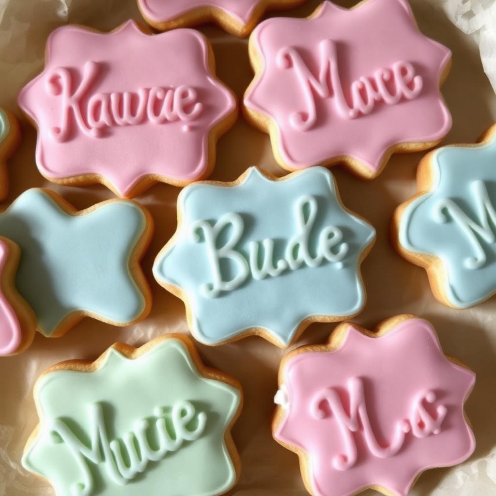 Hand-iced biscuits decorated with names in pastel royal icing